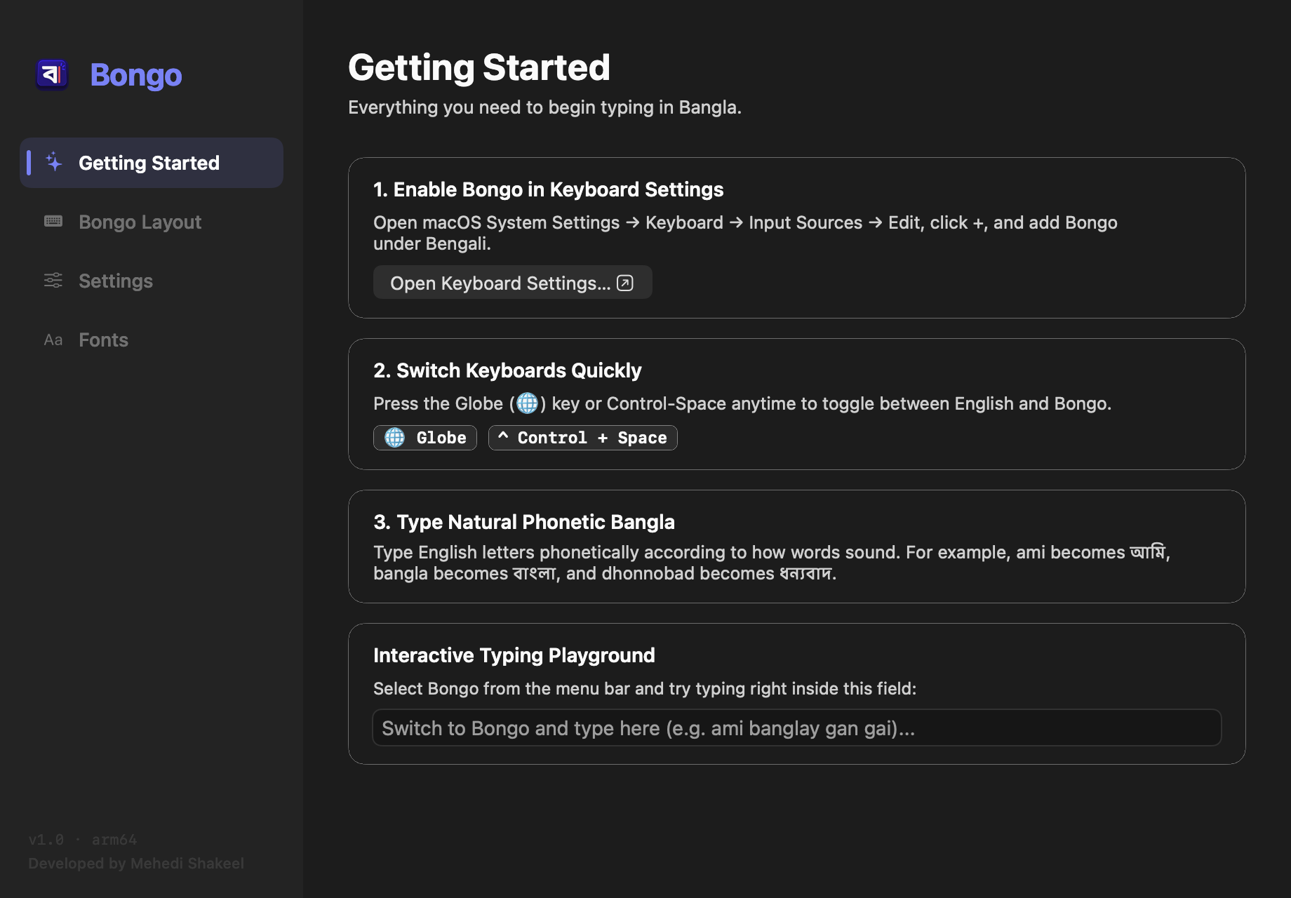 Bongo Getting Started Window